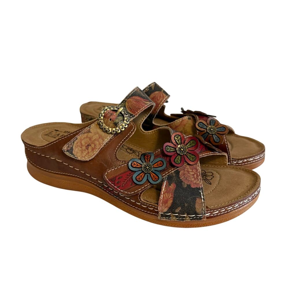 L'Artiste Spring Step Floral Leather Slide Sandals 40 9 Brown Boho Wedge Comfort